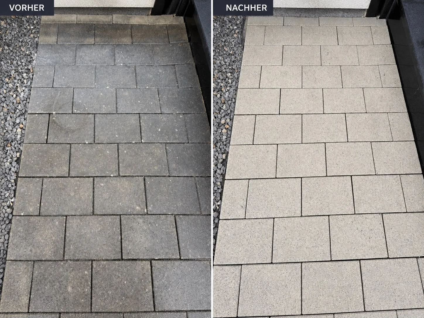 Vorher-Nachher-Vergleich einer gereinigten Pflasterfläche